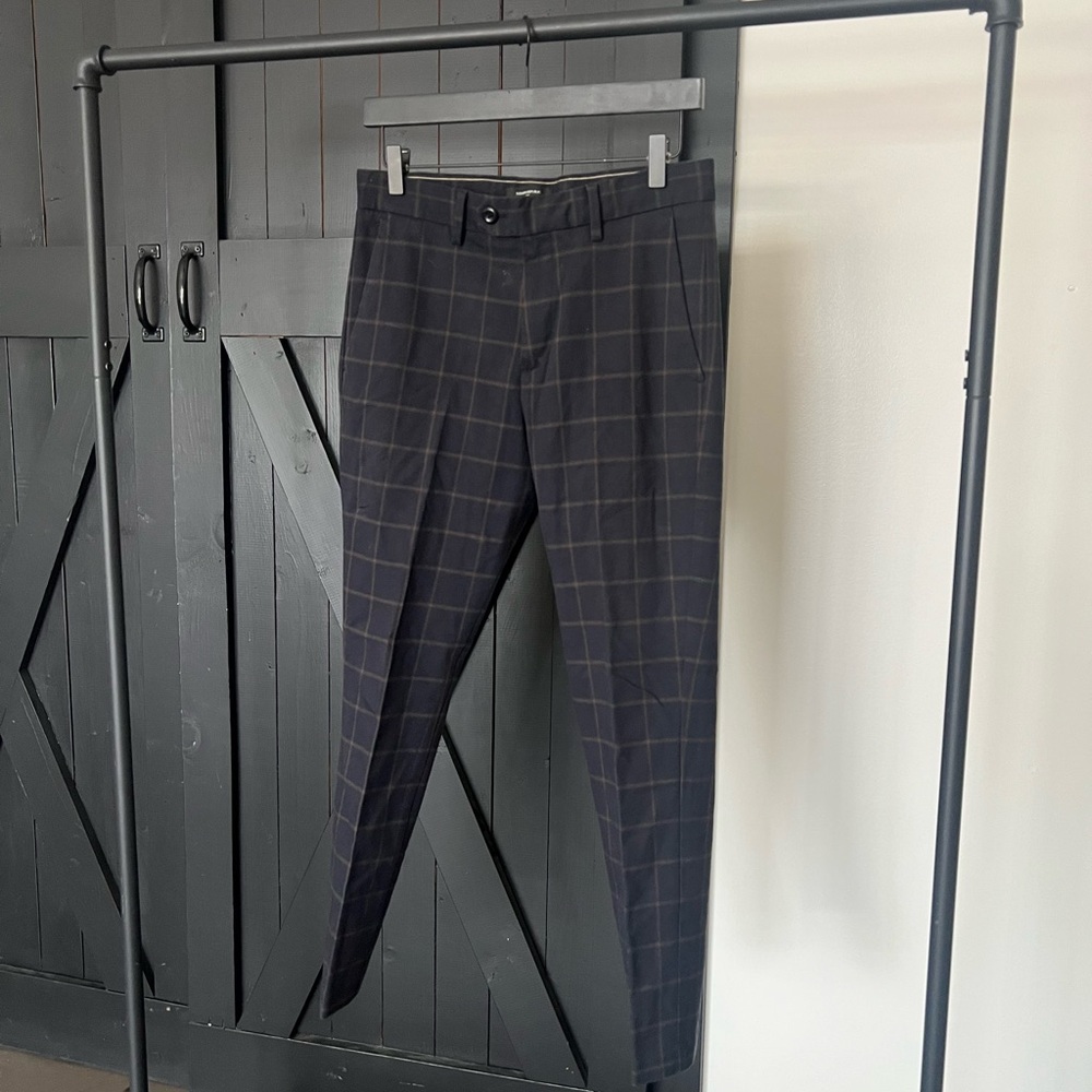 Banana Republic Slim-Tapered Navy Pants with Tan Windowpane